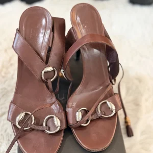 Gucci Brown Leather Heeled Sandals